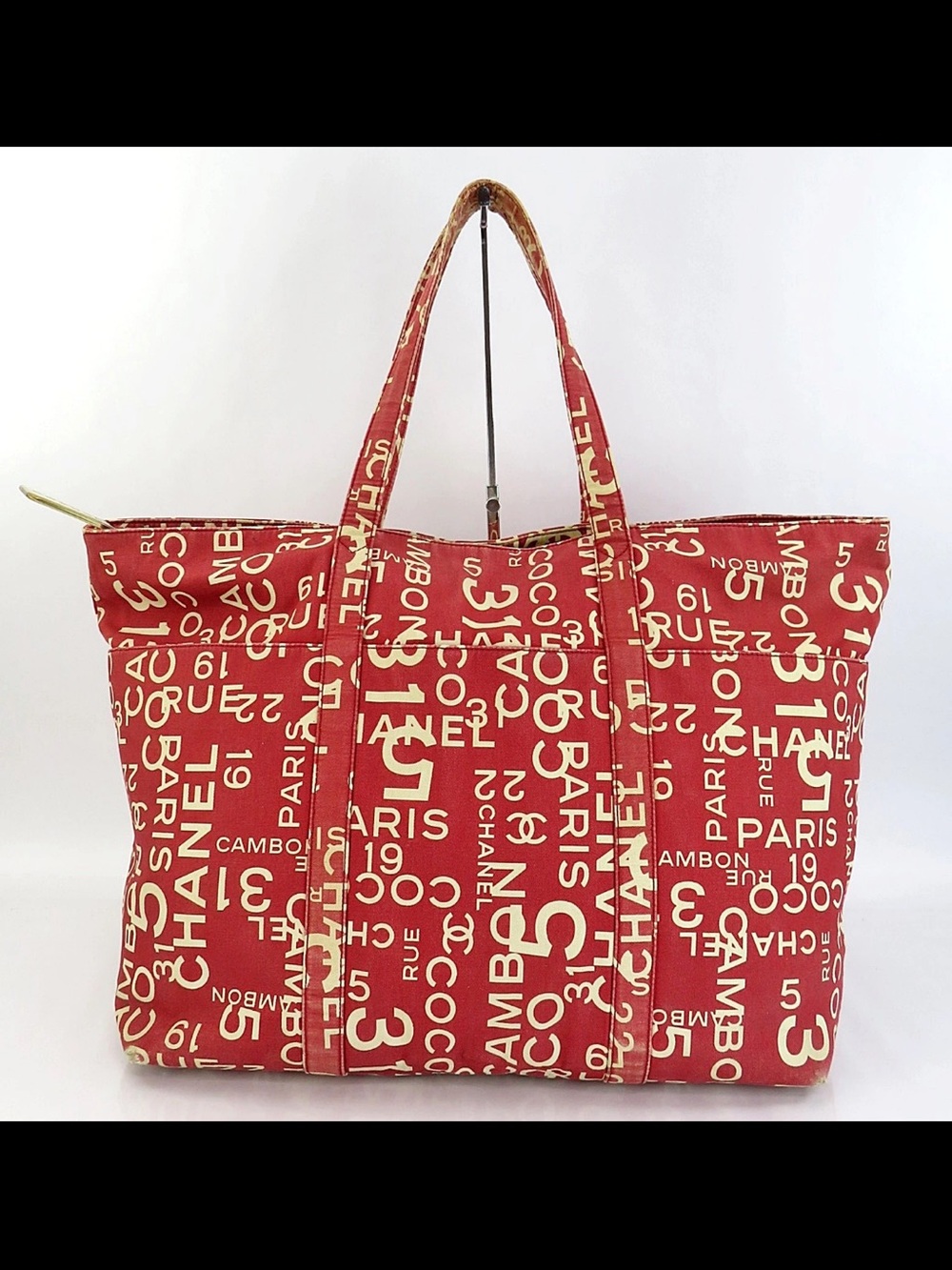CHANEL Red Logo Print Canvas Tote Bag